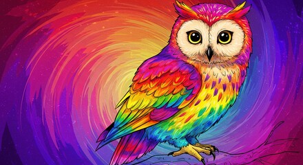 Naklejka premium Rainbow-colored owl with swirling abstract background in vibrant hues