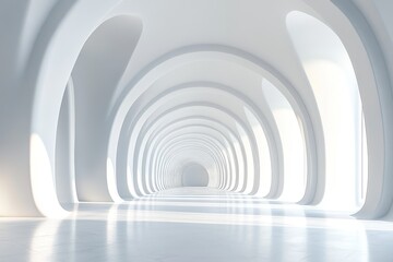 Obraz premium 3D render of an abstract white background with tunnels and arches, minimalist style, empty space for presentation design.