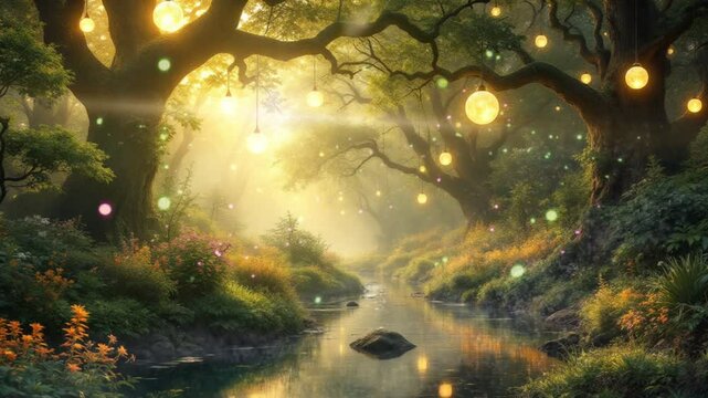 fantasy river of fireflies and lights. 4k seamless looping animation