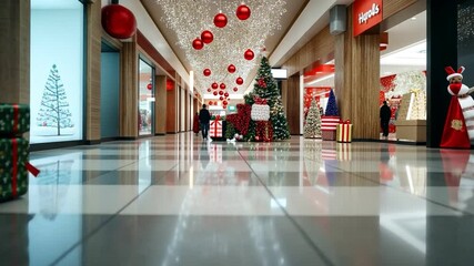 A festive shopping mall decorated for the holidays with a gift box in the foreground.