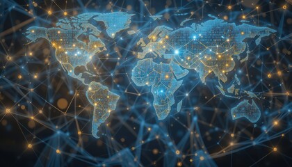 Global network map, interconnected world, digital connections, glowing cities
