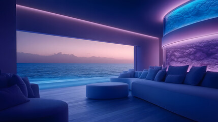 Modern room with ocean view, ambient lighting, and cozy furnishings at sunset