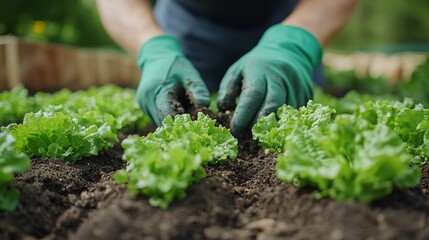 Fototapeta premium Hands planting lettuce, organic gardening, fresh produce, healthy growth, farm work, ideal for agriculture, food and lifestyle themes.