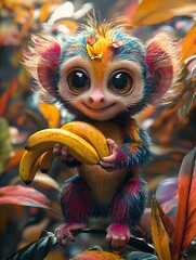Mischievous 3D Monkey Juggling Bananas in Biodiverse Jungle Scene with Vibrant Fauvism Inspired Palette
