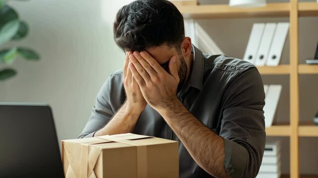 Overwhelmed Office Worker Discovering Unopened Package on Desk