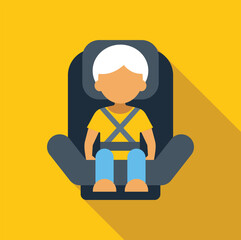 Child safety car seat with baby sitting and wearing seatbelt on yellow background