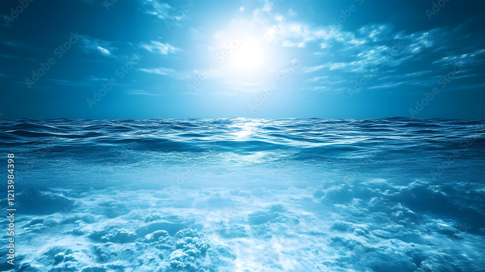 Poster expansive ocean under a bright sun with gentle waves reflecting a tranquil atmosphere