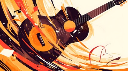 Playful music-themed background showcasing a guitar, musical notes, and a vinyl record, ideal for live event promotion