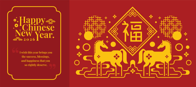 Happy chinese new year 2026 - Gold twins modern horse zodiac and fu word mean blessing or happiness in diamond frame on line clude on red background vector design