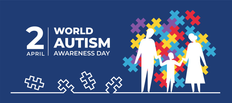 World Autism Awareness Day - White family hand hold hand stand on line with colorful puzzle texture background vector design
