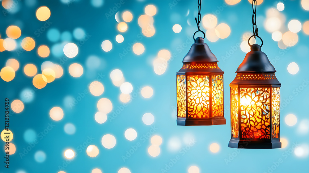 Poster illuminated lanterns hang against a dreamy blue background with bokeh lights