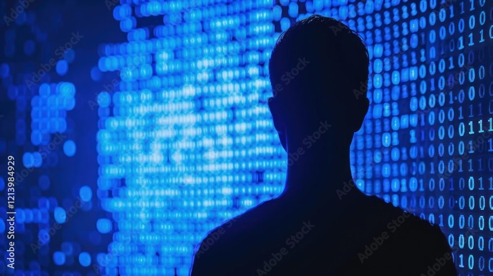 Wall mural silhouette of a person against a blue binary code background