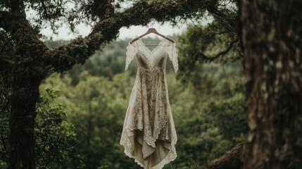 Elegant lace wedding dress suspended amidst lush green trees in a serene forest setting. Generative AI