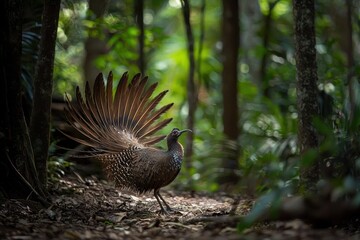 A lyrebird displaying its impressive tail feathers in a forest clearing, mimicking various bird calls. 