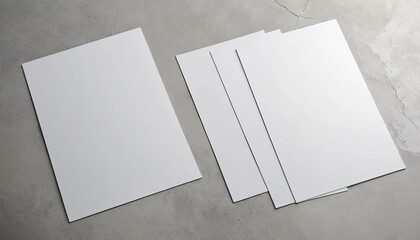 White paper sheets mockup, textured surface and clean backdrop, minimalist arrangement, stationery mockup