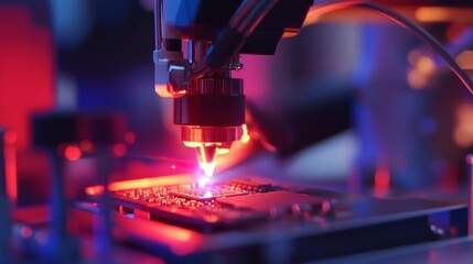 Machine performing laser operation on electronic circuit board.