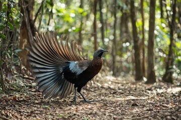 A lyrebird displaying its impressive tail feathers in a forest clearing, mimicking various bird calls. 