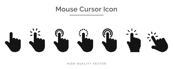 Hand cursor, pointer, mouse, click flat icon set. Computer, button, progress, licking cursor, pointing hand clicks, waiting loading icons pack. Vector illustration with transparent background.