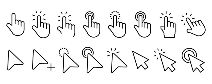 Pointer, mouse, click, hand cursor line icon set. Computer, button, progress, licking cursor, pointing hand clicks, waiting loading icons pack. Vector illustration with transparent background.