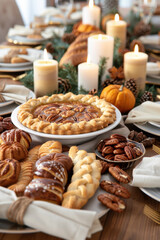 A beautifully set holiday table featuring a freshly baked pecan pie surrounded by assorted breads, nuts, candles, and festive decorations. Warm lighting enhances the cozy atmosphere.  
