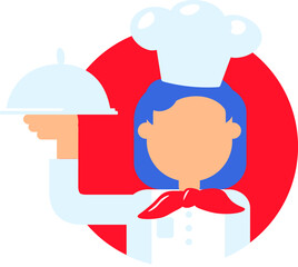 Colorful vector illustration of a French chef in a cap with a dish in a flat cartoon style. A head cook with a tray is delivering some culinary masterpiece. Enjoy your meal! Traditional French cuisine