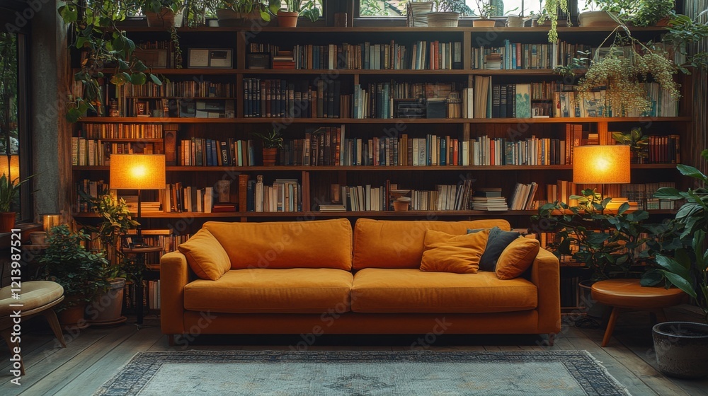 Leinwandbilder a warm and inviting space featuring an orange sofa adorned with cushions, flanked by tall bookshelve