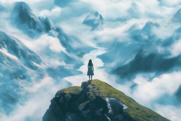 Woman standing on a mountain peak, contemplating a valley shrouded in clouds, with snowy peaks and rivers emerging from the mist