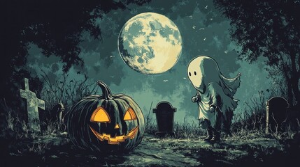 Fototapeta premium Ghost child, jack-o'-lantern, graveyard, moonlit night, Halloween