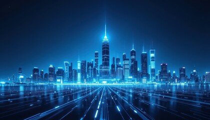 Futuristic city skyline, glowing roads, night, digital, technology, progress