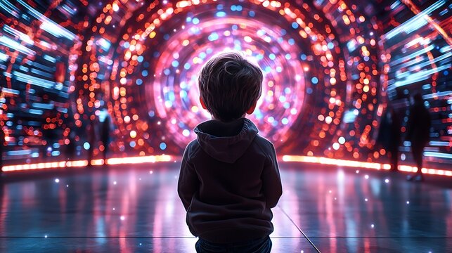 Child gazing at vibrant light show; futuristic background; science exhibition - Powered by Adobe