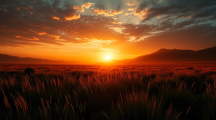 Obraz premium Serene golden sunrise over a tranquil meadow.Back lit on the grass. AI Generated