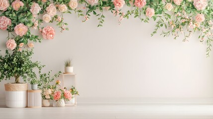 Romantic floral frame with elegant bouquet of fresh pink rose flowers and green leaves on light cream or beige background  Soft feminine vintage and natural design for wedding Valentine s Day