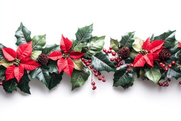 Festive Poinsettia Flower with Red Berries on a White Holly Garland. Generative Ai