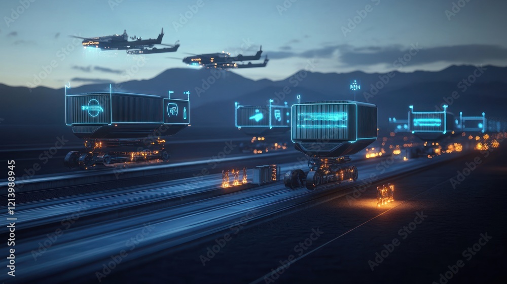 Poster futuristic automated cargo transport system with drones