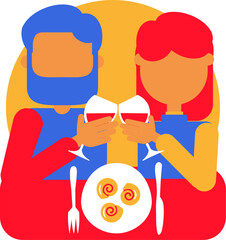 Colorful vector illustration of a French couple on a date in a restaurant drinks wine and eats a dish of snails in a flat cartoon style. Exquisite wine culture, tastings. Visitors enjoy French cuisine