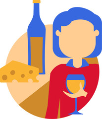 Colorful vector illustration of a frenchman enjoys white wine and cheese in a flat cartoon style. Exquisite wine culture, tastings. A visitor enjoys variety of vintages at a wine festival and french c