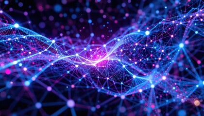 Obraz premium Abstract digital network flowing, glowing nodes, dark background, technology concept