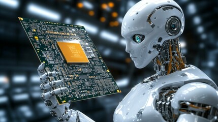 Robot examines complex circuit board with keen interest.