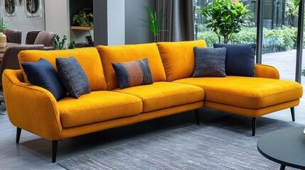 Modern Mustard Yellow Sectional Sofa with Dark Blue and Gold Throw Pillows in a Contemporary Living Room Setting