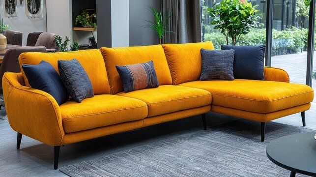 Modern Mustard Yellow Sectional Sofa with Dark Blue and Gold Throw Pillows in a Contemporary Living Room Setting