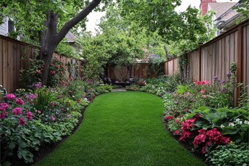 Naklejka premium Lush green lawn in the backyard of an English home with coniferous trees, wooden fences, plants, flowers, and a seating area for relaxation in a peaceful garden setting.