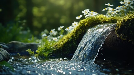 Serene Waterfall Flowing Through Mossy Rocks and Daisies.