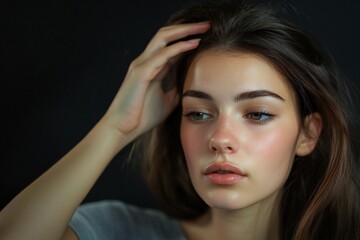 Fototapeta premium Young beautiful woman touching her hair isolated on black background