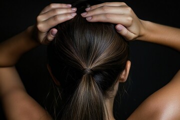 Obraz premium Young beautiful woman touching her hair isolated on black background