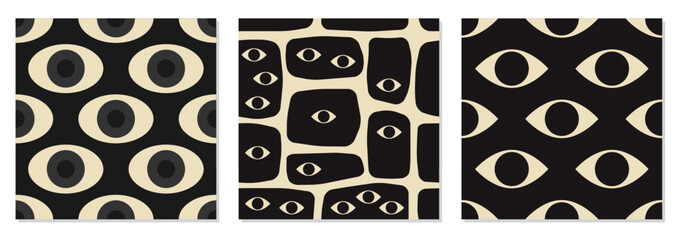 Seamless patterns set with strange surreal creatures with eyes