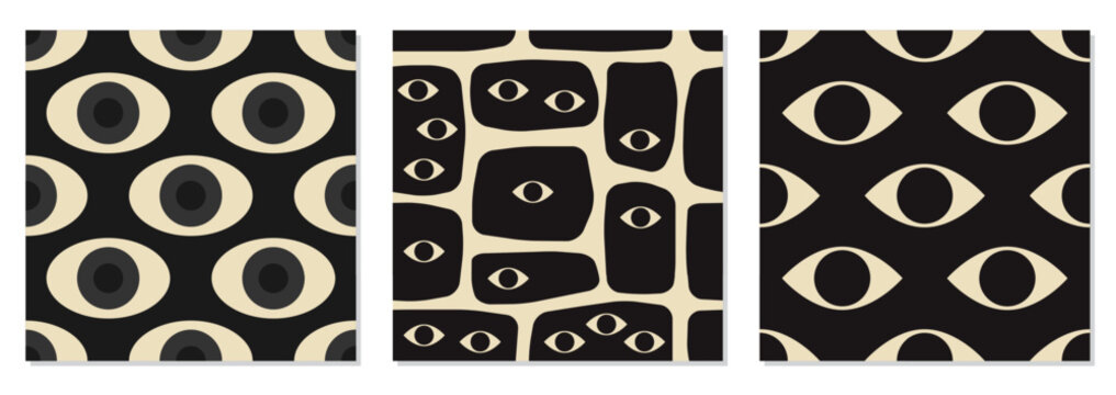 Seamless patterns set with strange surreal creatures with eyes