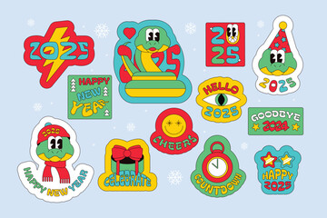 Set of 2025 new year stickers with Chinese calendar snake symbol. New Year velcro for sticker pack in old style of 2000. Cartoon Y2K retro sticker collection on blue background