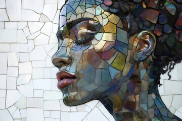 Colorful mosaic art representing a woman's face, created with metallic and glass tiles, adding a touch of elegance and artistry