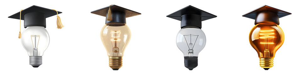 Creative light bulbs with graduation caps symbolizing education, innovation, and knowledge on transparent background