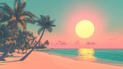 Tropical Beach Sunset Palm Trees Ocean Scene